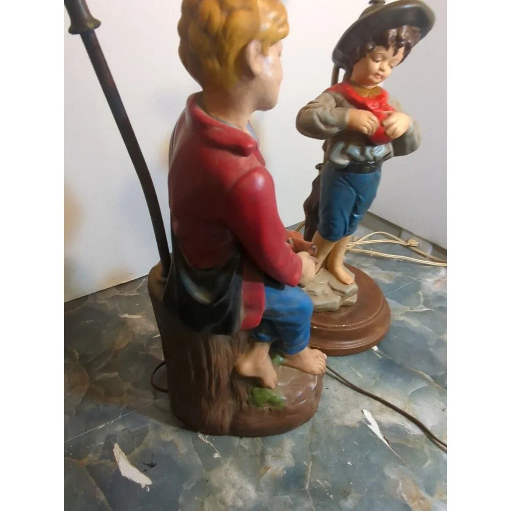 (2) Vintage Large 2' Tall Hand Painted Ceramic Table Lamp Boy With Puppies